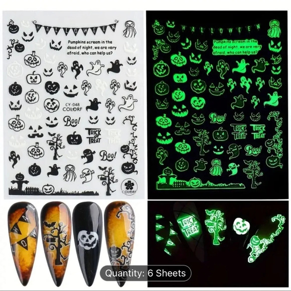 6pcs Glow-In-The-Dark Halloween Nail Art Stickers - Self-Adhesive, Reusa… - Picture 5 of 9